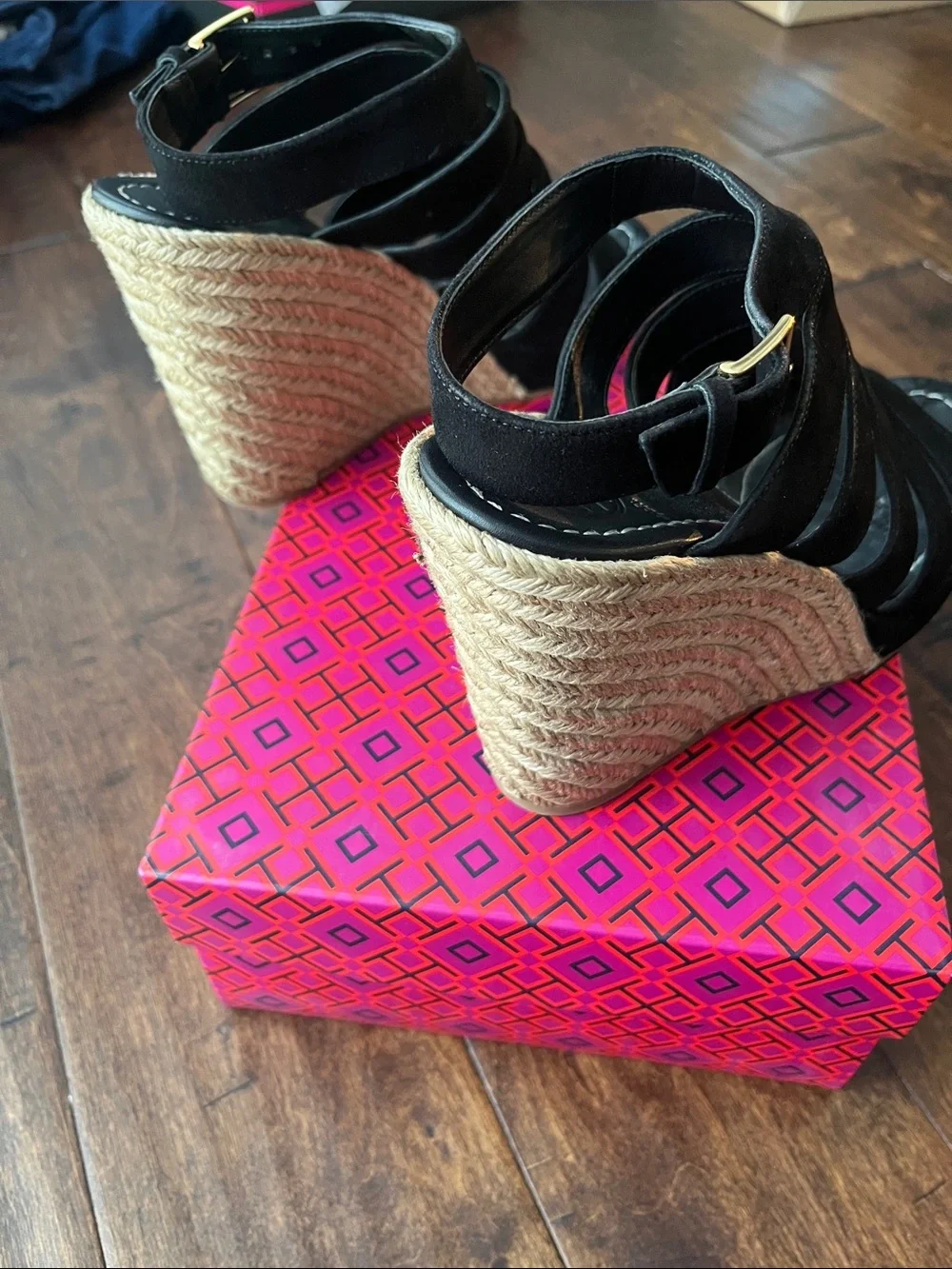 Tory Burch Black Strappy Suede Wedge Sandals with Ankle Buckle
